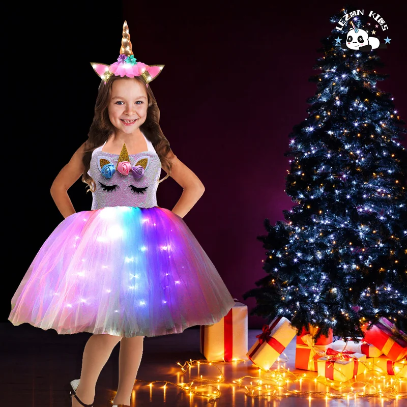 LEZONKIDS - Fashion 2023 Unicorn Party dress Unicorn Princess Led Light Up Girls Dresses with Headband